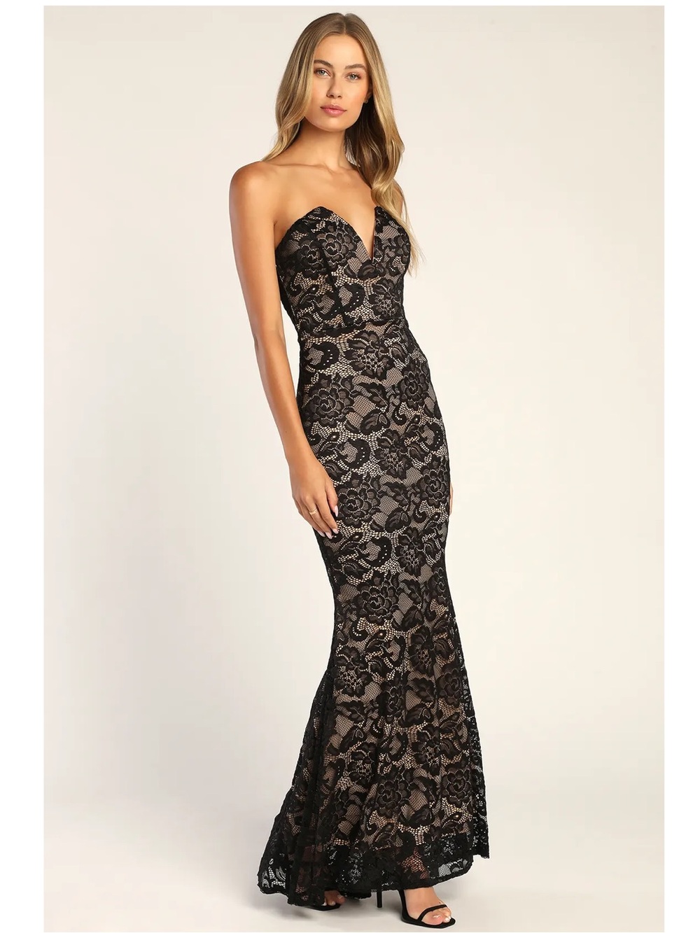 NWT Lulu’s Sexy Sophistication Black Lace Strapless Trumpet Maxi Dress Bodycon - Picture 4 of 13